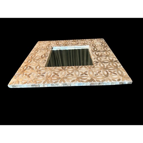 Vintage Mother of Pearl Abalone Shell Floral Design Wall Art Mirror 16" Square - Picture 3 of 11